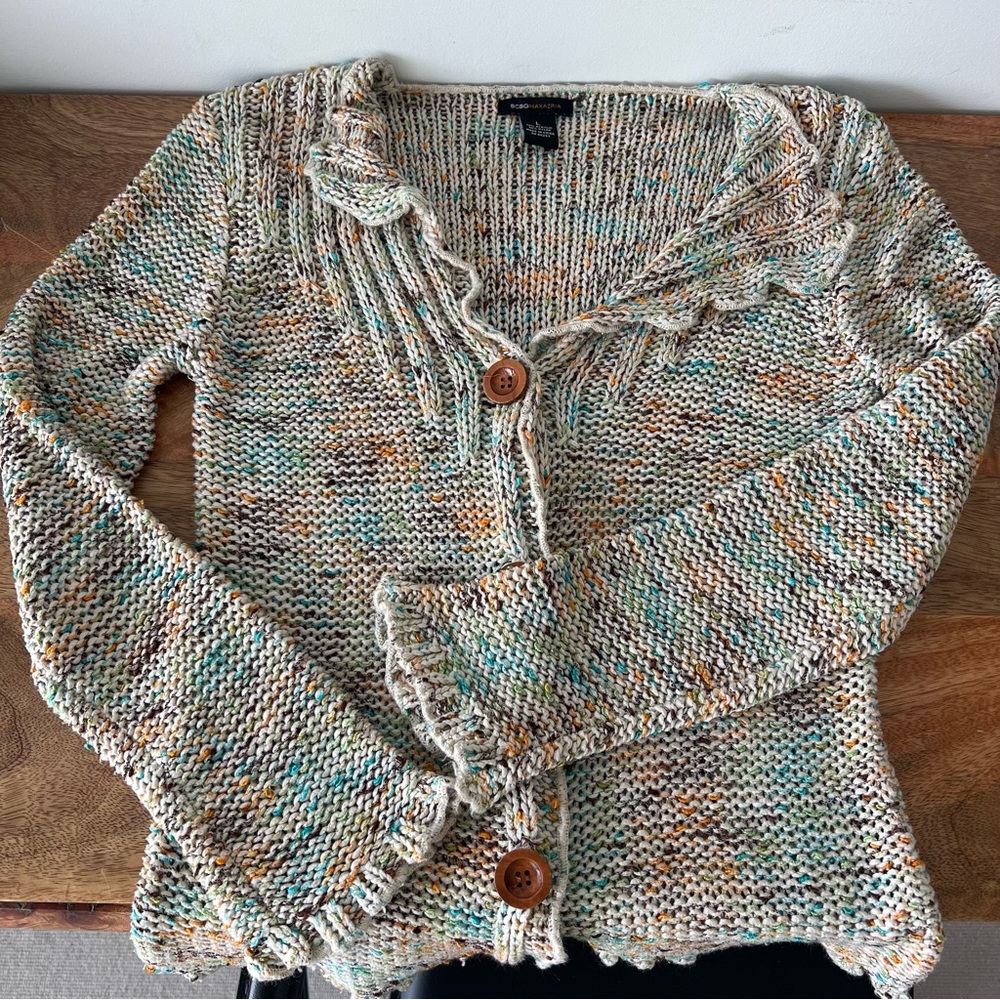 BCBGMaxAzria Button Down
Knitted Cardigan Sweater Large multi pastel colour